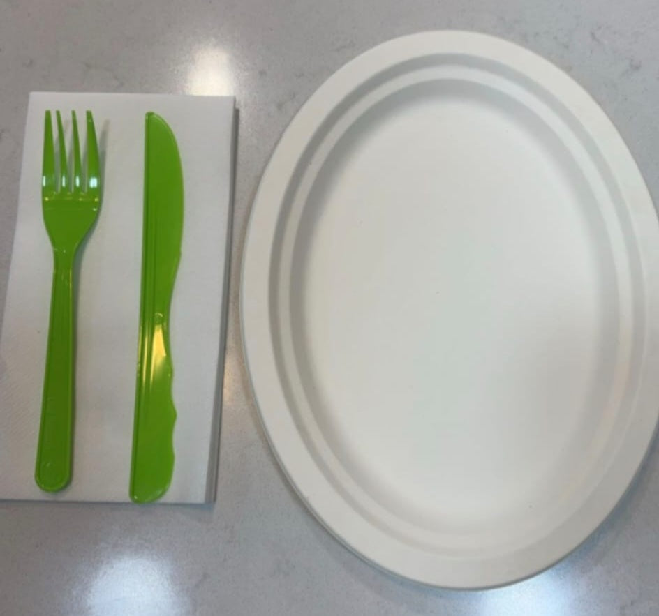 Plates, cutlery & serviettes (Fully compostable  sugar cane plates, green leaf reusable cutlery &  serviettes  €.0.50 per person)