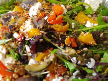 Load image into Gallery viewer, Mixed grean leaf salad roast Mediterranean veg Feta, Semi Dried Tomatoes, Toasted Seeds (GF)
