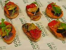 Load image into Gallery viewer, 12 Roasted Mediterranean Vegetables, Red Pepper Pesto on Toasted Crostini
