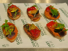 Load image into Gallery viewer, 12 Roasted Mediterranean Vegetables, Red Pepper Pesto on Toasted Crostini
