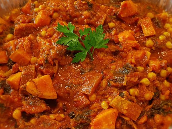 Spiced Chickpea, Sweet Potato & Kale Stew, Smoked Paprika, Spices, Fresh Tomatoes & Kale (VEG, GF, DF)