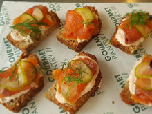 Load image into Gallery viewer, 12 West Cork Smoked Salmon on treacle Bread with Picked Cucumber
