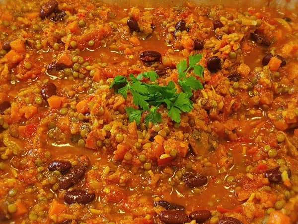 Wholesome Vegan Chilli Lentils, Red Kidney Beans, Tomatoes, Vourgettes (VEG,DF,GF)