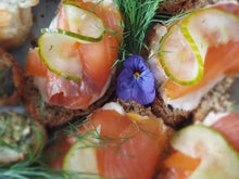 Load image into Gallery viewer, 12 West Cork Smoked Salmon on treacle Bread with Picked Cucumber
